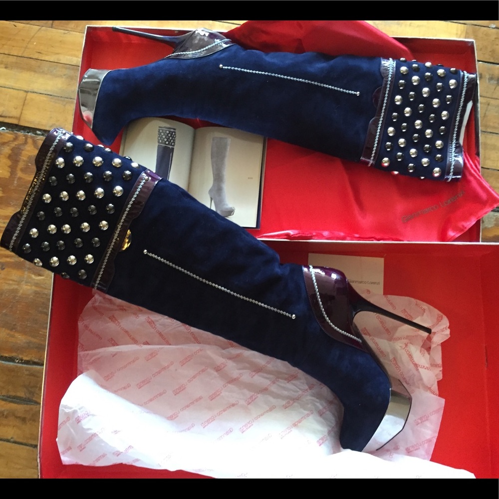 Gianmarco Lorenzi blue suede studded mirror boots